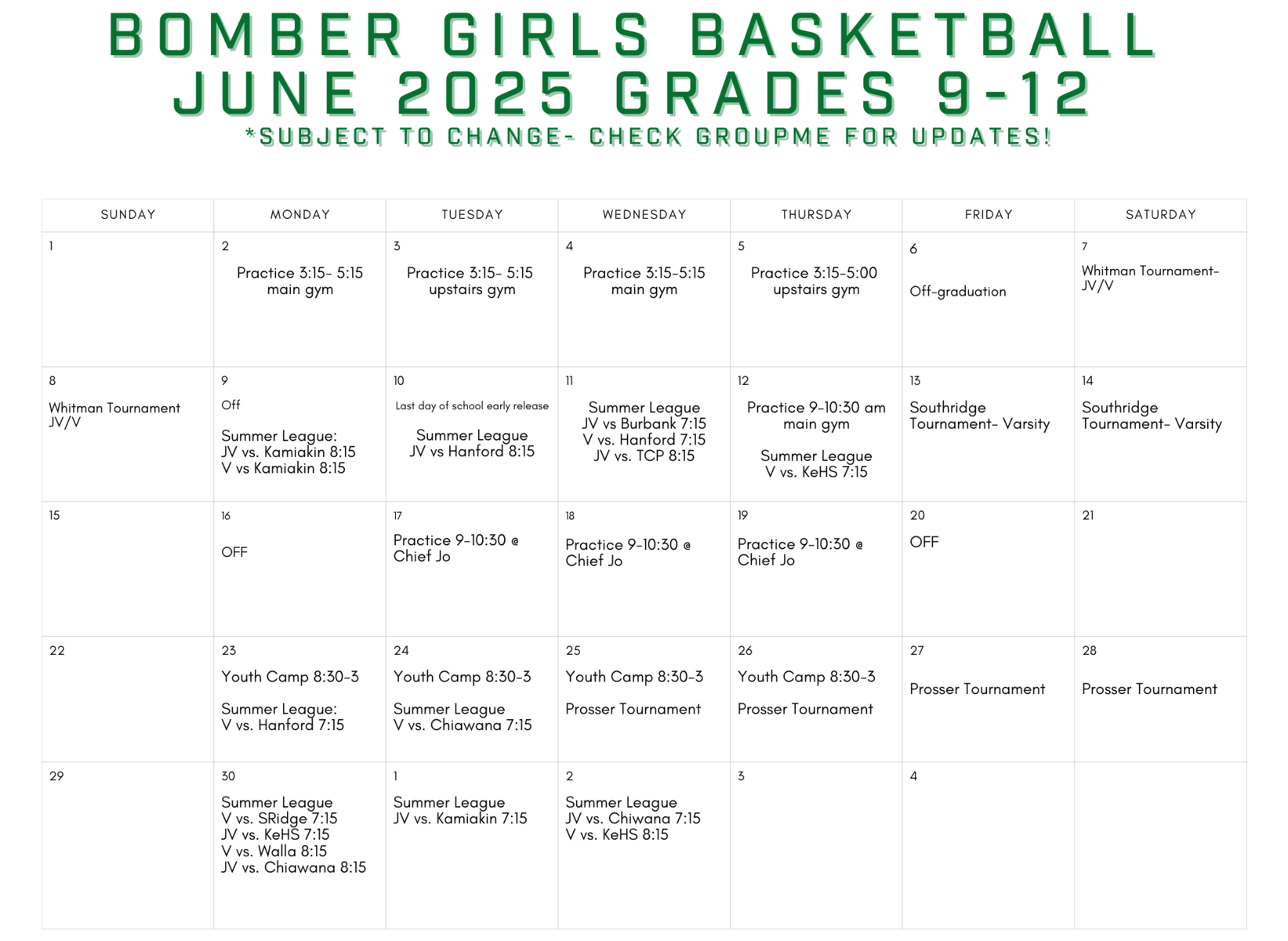 Girls Basketball Summer Schedule
